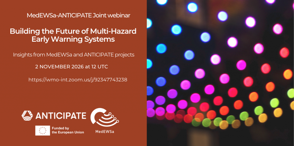 Banner of the MedEWSa–ANTICIPATE joint webinar "Building the Future of Multi-Hazard Early Warning Systems", 2 November 2026, 12 UTC